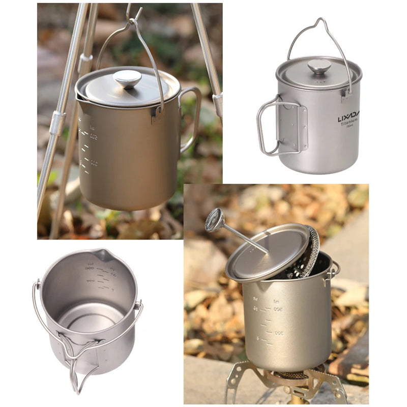 Lixada 750ml Titanium Cup Coffee Cup Mug French Press Pot Coffee Maker with Lid Outdoor Camping Cooking Pot