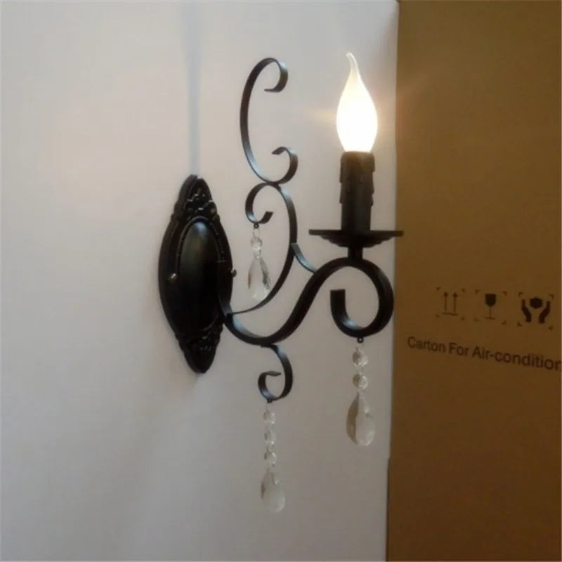 European classic vintage wall lamp black wrought iron body crystal deco candle wall light fixture for living room bedroom stairs
