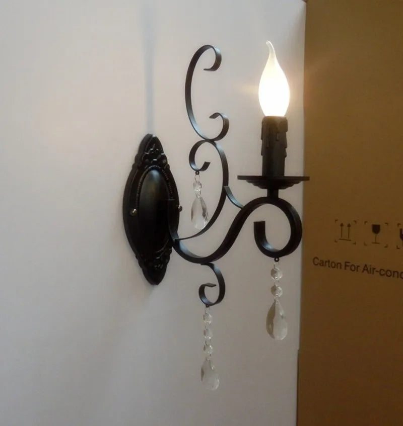 European classic vintage wall lamp black wrought iron body crystal deco candle wall light fixture for living room bedroom stairs