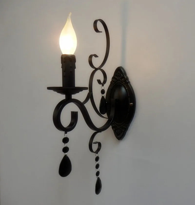 European classic vintage wall lamp black wrought iron body crystal deco candle wall light fixture for living room bedroom stairs