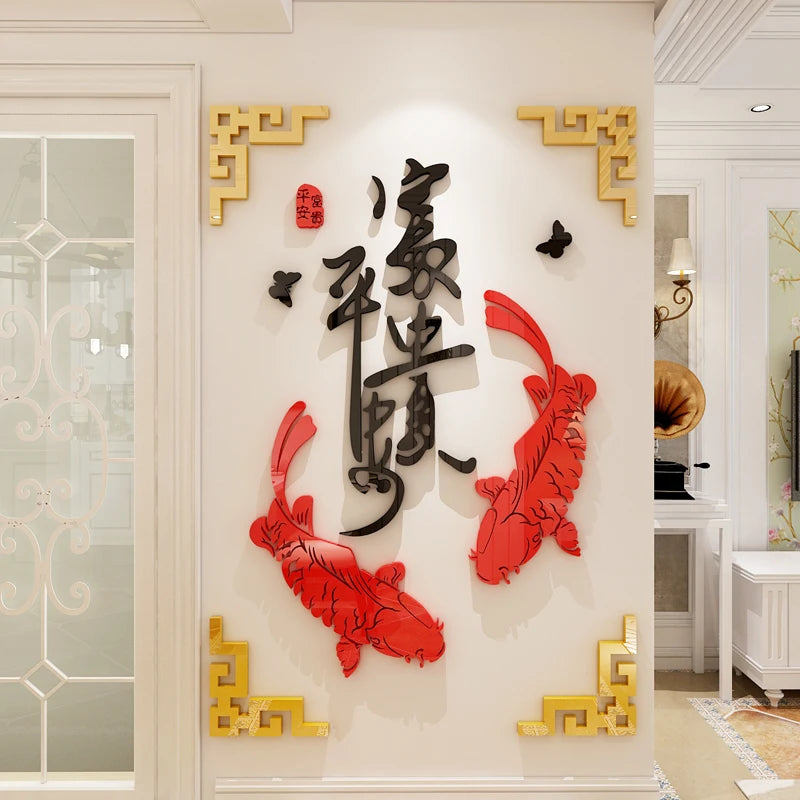 3D Stereo Mirror Stickers, Chinese Style, Living Room Entrance Decoration, Crystal Acrylic Wall Stickers, TV Backdrop,Restaurant