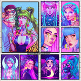 Cyber Punk Anime Neon Cool Girl Poster Aesthetic Purple Canvas Painting Wall Art Prints Pictures Gamer Room Home Decoration