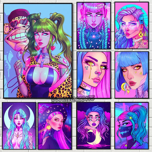 Cyber Punk Anime Neon Cool Girl Poster Aesthetic Purple Canvas Painting Wall Art Prints Pictures Gamer Room Home Decoration