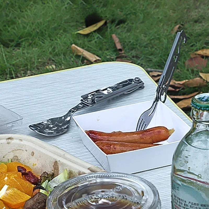 Multifunctional EDC folding outdoor tableware camping portable meal knife fork spoon bottle outdoor camping cookware titanium
