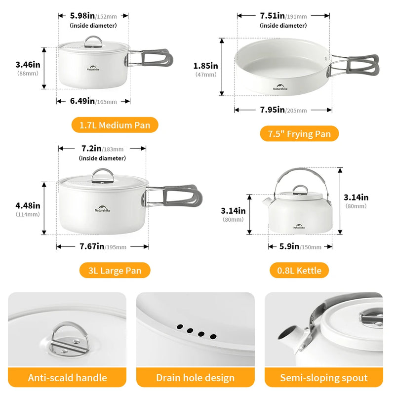 Naturehike Camping Cookware Ceramic Non-Stick Set Lightweight Portable Tableware Kettle Frying Pan Pot Cookset Kitchen Utensils