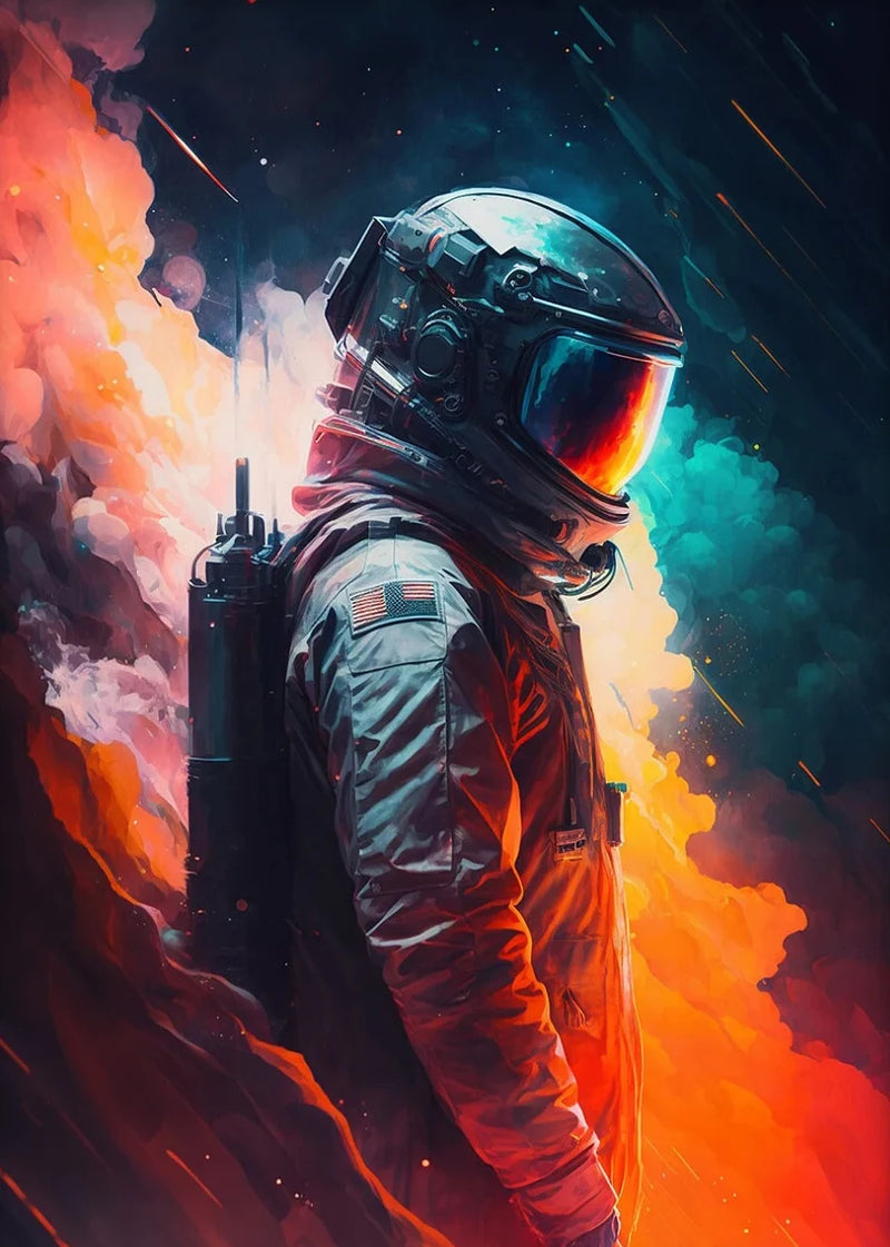 Astronaut Spaceman Oil Painting Wall Art Vibrant Sci-Fi Canvas Print Poster Colorful Outer Space Themed Living Room Decor Gift