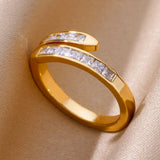 White Zircon Geometric Stainless Steel Rings For Women Adjustable Gold Plated Simplicity Ring Wedding Aesthetic Jewelry Gift BFF