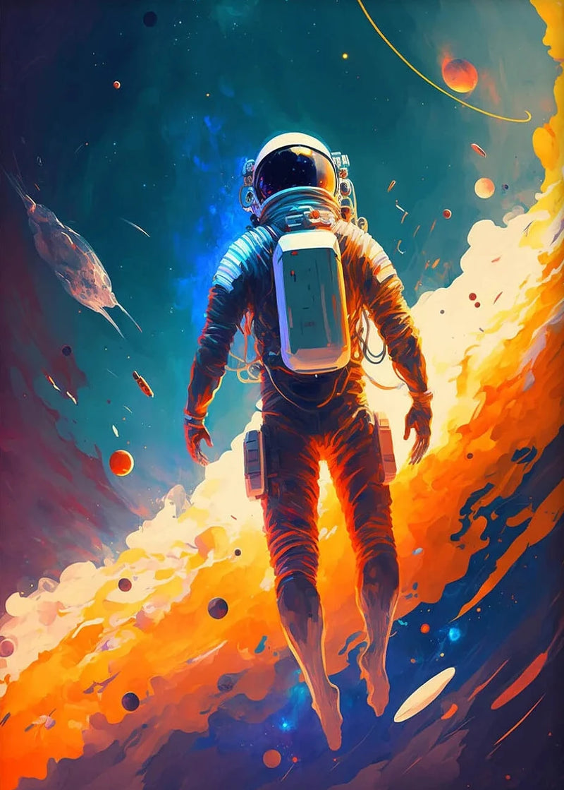 Astronaut Spaceman Oil Painting Wall Art Vibrant Sci-Fi Canvas Print Poster Colorful Outer Space Themed Living Room Decor Gift