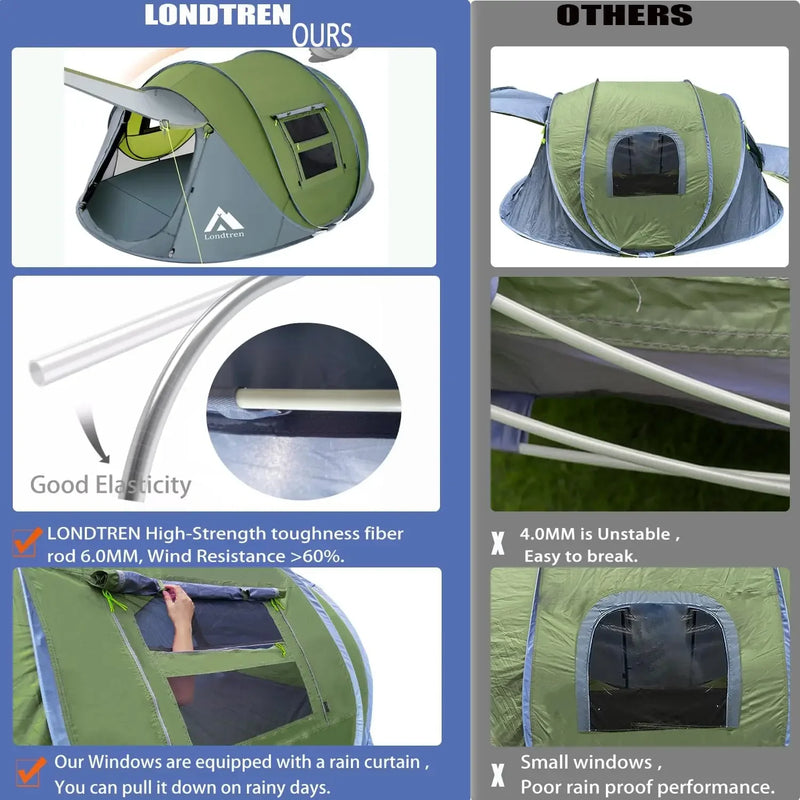 Green & Grey 110*78*51''4 Person Easy Pop Up Tent Waterproof Automatic Setup 2 Doors-Instant Family Tents for Camping Hiking & T