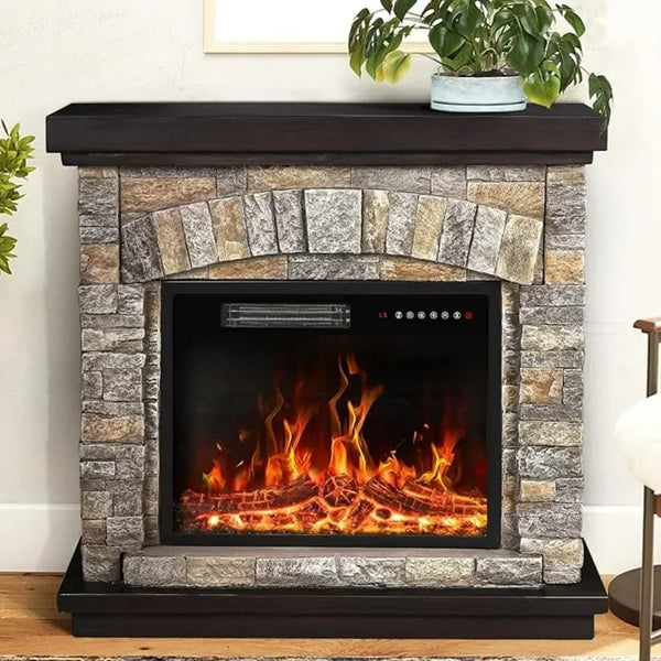 Fireplace with Mantel,Freestanding Stone Fireplace Heater TV Stand with Remote Control, Realistic Flame Effect and 3D Log