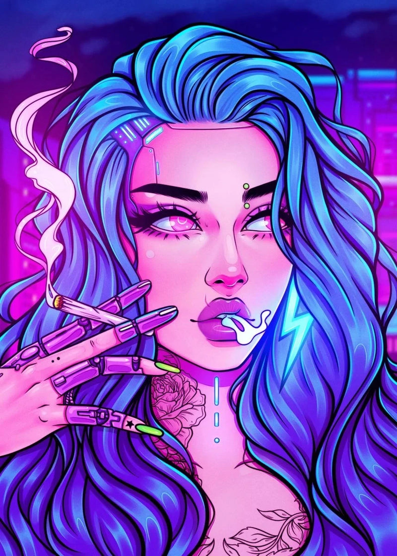 Cyber Punk Anime Neon Cool Girl Poster Aesthetic Purple Canvas Painting Wall Art Prints Pictures Gamer Room Home Decoration