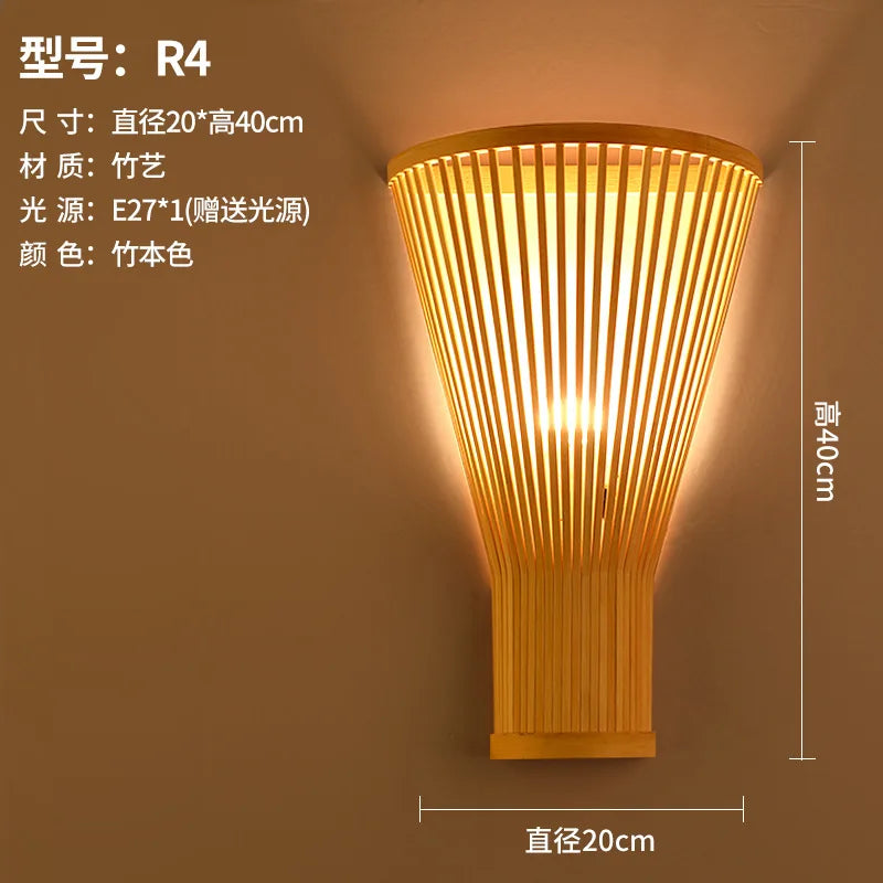 Classic Bamboo Wood Lustre Wall Sconce Lamp Rustic Ceiling Rattan Wicker Light Handmade Art Craft for Home Living Bed Room Decor
