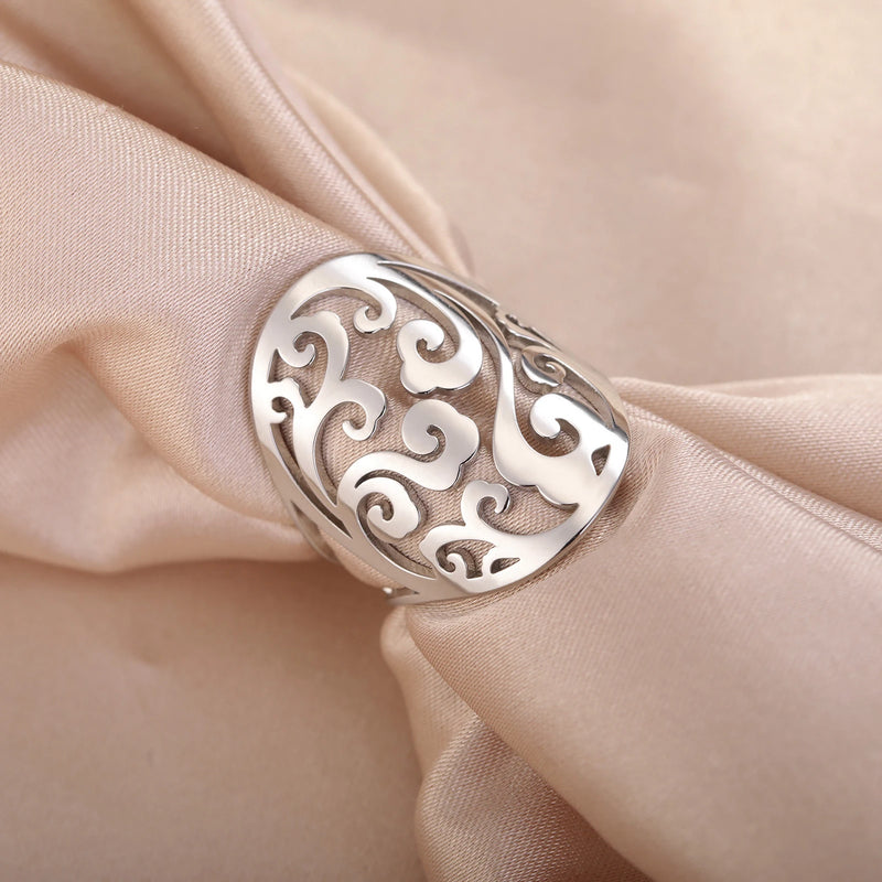 COOLTIME Vintage Filigree Flower Wave Adjustable Ring for Women Stainless Steel Aesthetic Rings Bohemian Jewelry Wedding Gift
