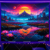 Mountain Moon Blacklight Tapestry UV Reactive Glow in The Dark Tree  Neon Tapestry Wall Art Decor Aesthetic Party Backdrops