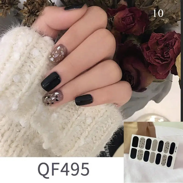 Shiny Self-adhesive Nail Stickers Short Black Lacquer Strips For Nails Full Cover False Nails Stickers Waterproof Manicure Film
