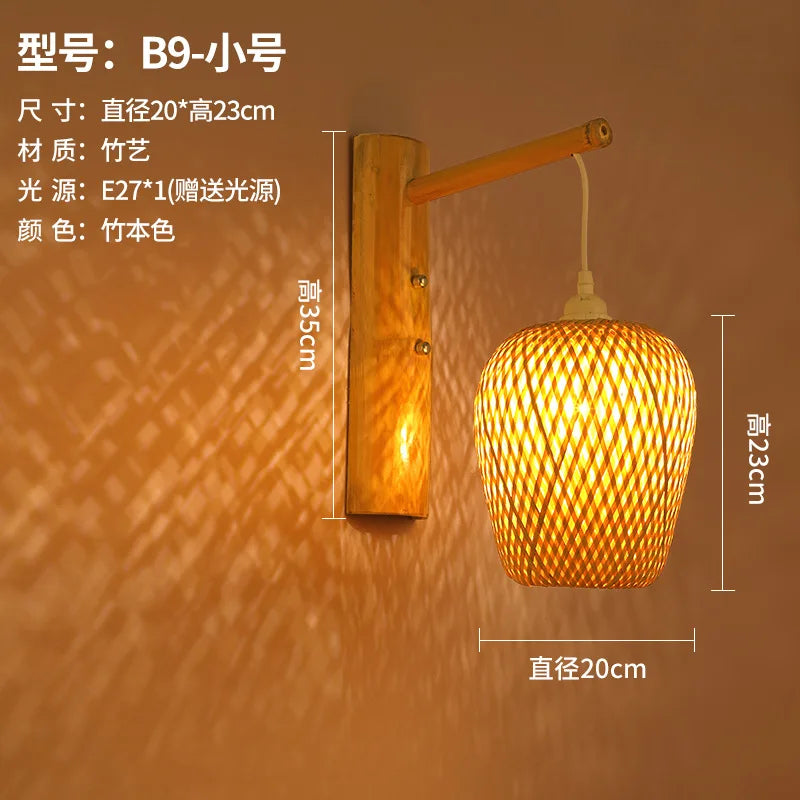 Classic Bamboo Wood Lustre Wall Sconce Lamp Rustic Ceiling Rattan Wicker Light Handmade Art Craft for Home Living Bed Room Decor