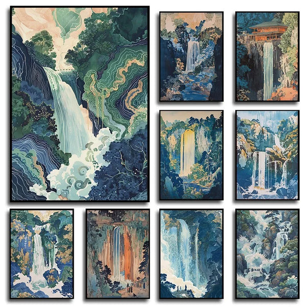 Hokusai Ukiyo-e Blue Green Waterfall Canvas Print Traditional Japanese Art Vintage Wall Poster Asian Landscape Art Home Decor