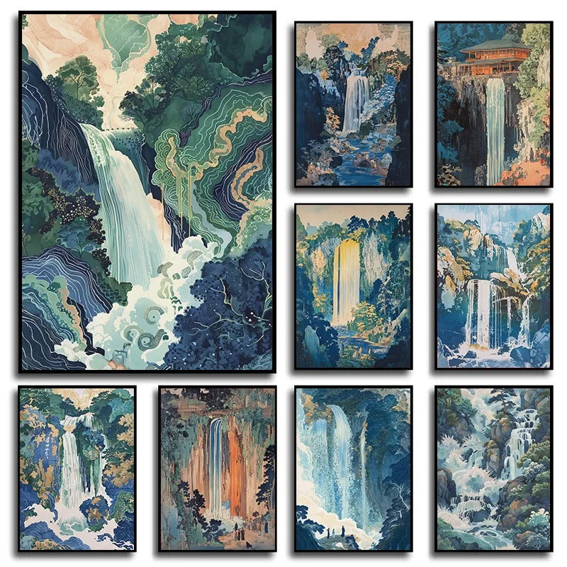 Hokusai Ukiyo-e Blue Green Waterfall Canvas Print Traditional Japanese Art Vintage Wall Poster Asian Landscape Art Home Decor