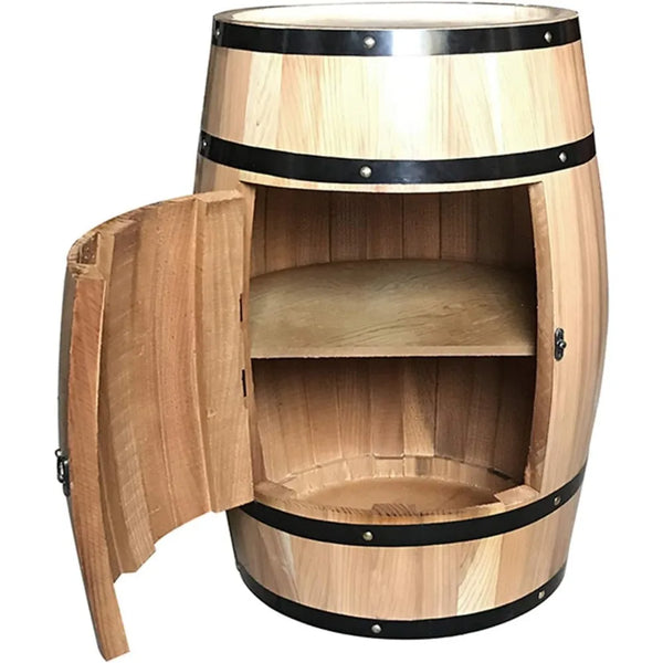 Wood Oak Barrel Wine Cabinet with Locking Door - Decorative Storage for Beer and Wine - Natural Wood Wine Cellar Display - Perfe
