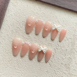 Gradient Pink Handmade Press on Nails with Bows Jelly Designed Almond False Nails Coffin Fake Nails Full Cover Fingernail Tips