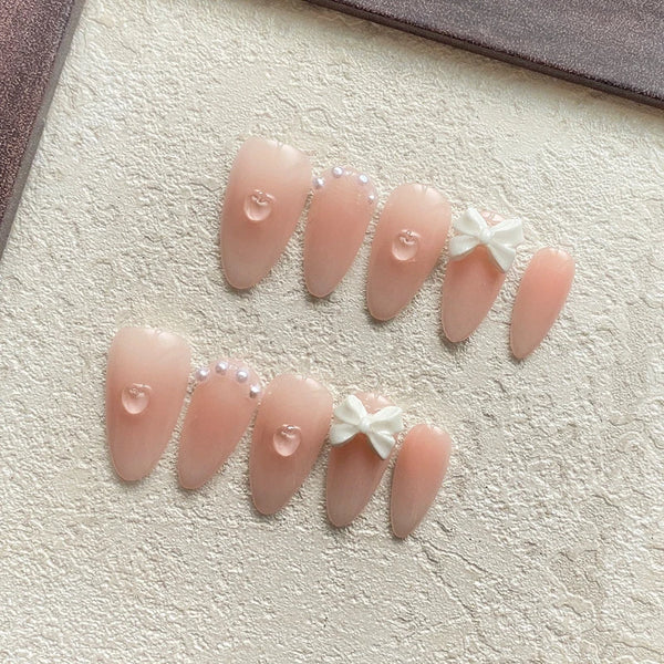 Gradient Pink Handmade Press on Nails with Bows Jelly Designed Almond False Nails Coffin Fake Nails Full Cover Fingernail Tips