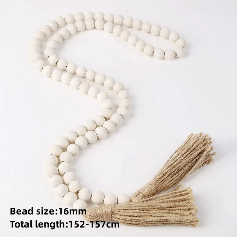 Farmhouse Beads 58in Wood Bead Garland with Tassels Rustic Country Decor Prayer Boho Beads Big Wall Hanging Decor