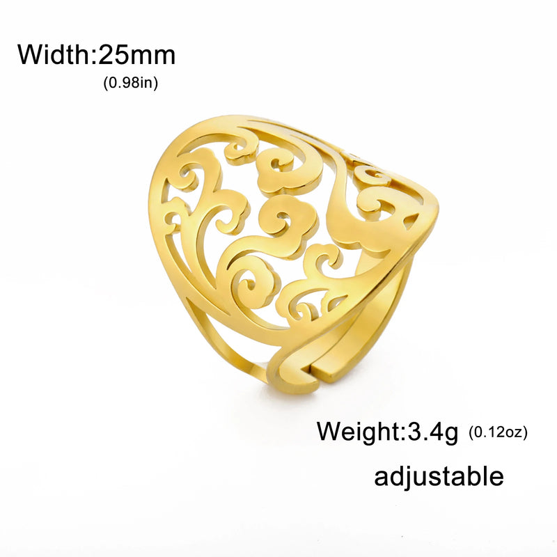 COOLTIME Vintage Filigree Flower Wave Adjustable Ring for Women Stainless Steel Aesthetic Rings Bohemian Jewelry Wedding Gift