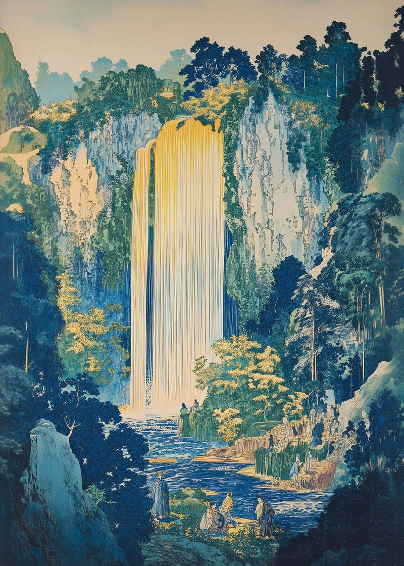 Hokusai Ukiyo-e Blue Green Waterfall Canvas Print Traditional Japanese Art Vintage Wall Poster Asian Landscape Art Home Decor