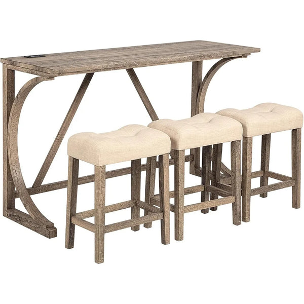 59'' Industrial 4 Piece Bar Table Set with Power Outlet, 3 Padded Stools for Kitchen, Living Room, Dining Room, Brown