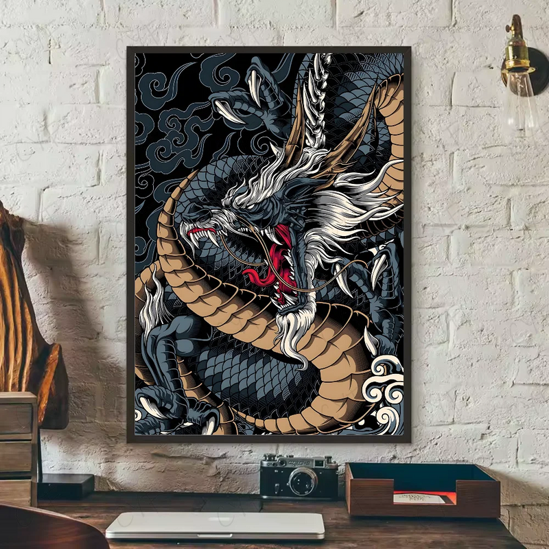 Asian Ink Style Dragon Shadow Waves Art Poster HD art sticky wall waterproof home living room bedroom bar aesthetic decoration