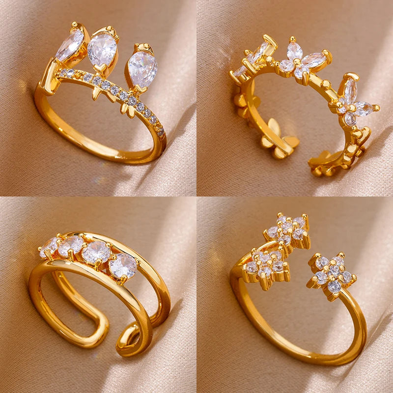 White Zircon Geometric Stainless Steel Rings For Women Adjustable Gold Plated Simplicity Ring Wedding Aesthetic Jewelry Gift BFF