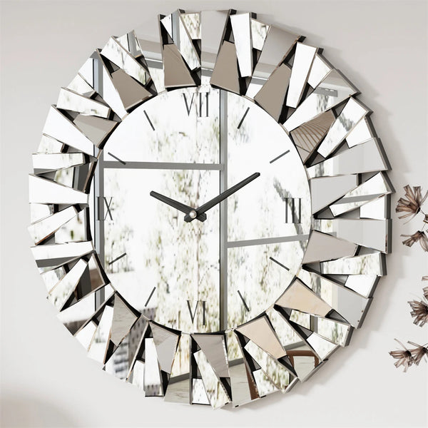 Large Wall Clock 3D Mirrored Clocks Sunburst Edge 32"/80CM Round Roman Numeral Modern Living Room Dining Room Fireplace Decor