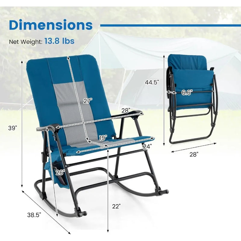 Oversized Folding Rocking Chair, Padded Patio Lounge Rocker w/Metal Frame, Armrests, Side Pocket, Lightweight Portable Rocking