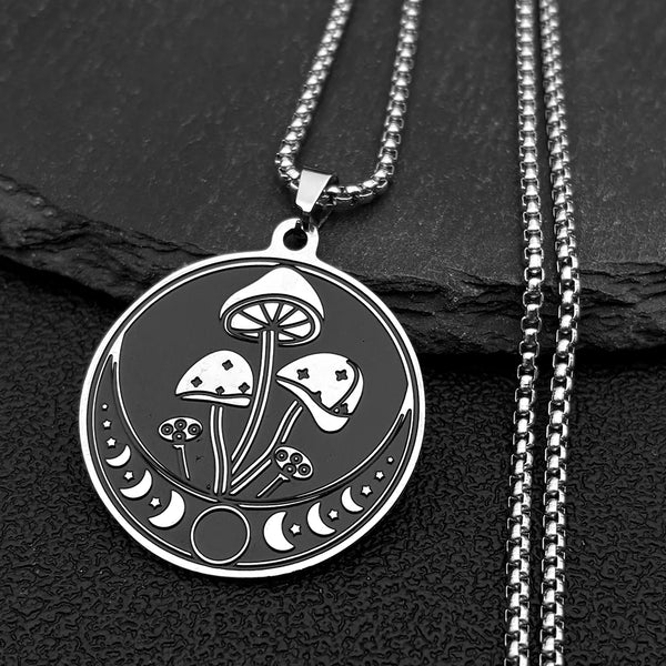 Witchcraft Mushroom Moon Star Pendant Necklace For Women Men Stainless Steel Silver Color Magic Gothic Dark Chain Jewelry Gifts