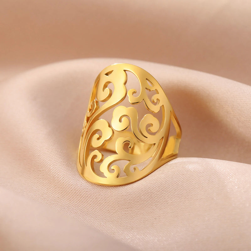 COOLTIME Vintage Filigree Flower Wave Adjustable Ring for Women Stainless Steel Aesthetic Rings Bohemian Jewelry Wedding Gift