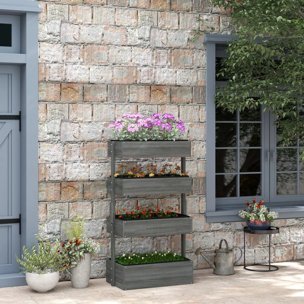 Outsunny Vertical Garden Planter, Wooden 4 Tier Planter Box, Self-Draining with Non-Woven Fabric for Outdoor Flowers, Gray