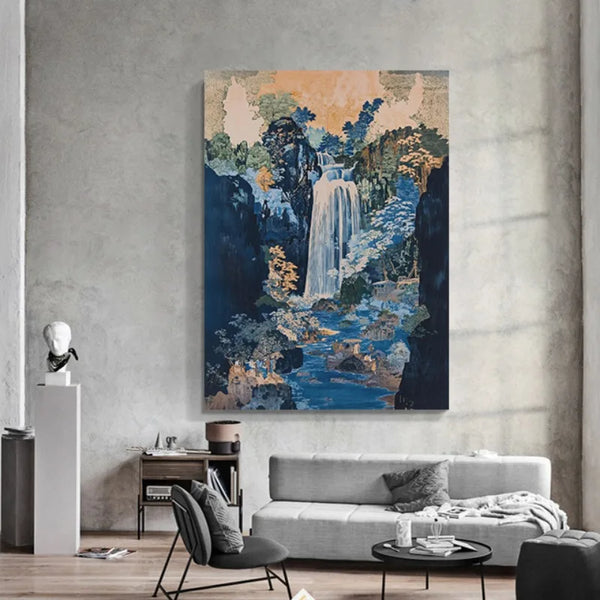 Hokusai Ukiyo-e Blue Green Waterfall Canvas Print Traditional Japanese Art Vintage Wall Poster Asian Landscape Art Home Decor
