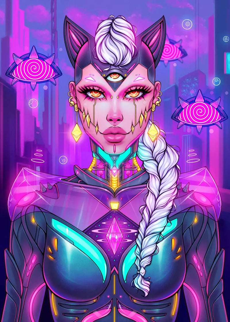 Cyber Punk Anime Neon Cool Girl Poster Aesthetic Purple Canvas Painting Wall Art Prints Pictures Gamer Room Home Decoration
