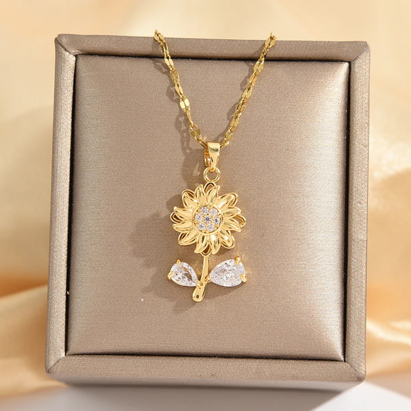 1pcs Titanium Steel Chain Exquisite Cute 360° Rotatable Sunflower Pendant Necklace for Women, Charming Plant Jewelry Gift