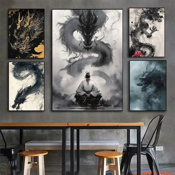 Asian Ink Style Dragon Shadow Waves Art Poster HD art sticky wall waterproof home living room bedroom bar aesthetic decoration