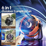 Upgraded 6-in-1 camping fan 20000mAh rechargeable battery portable outdoor fan 4-speed air circulator with hook and LED NEW