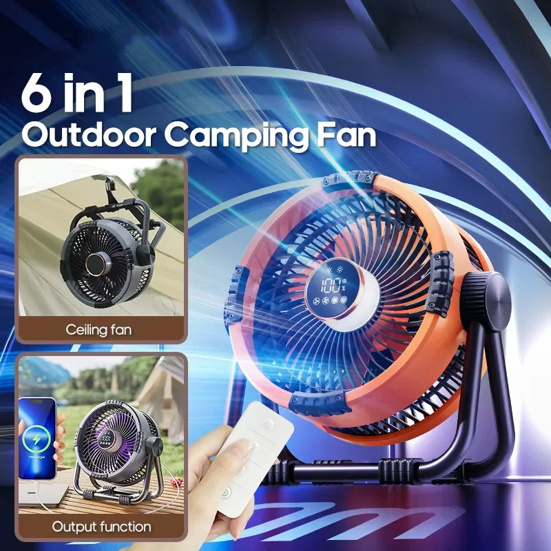 Upgraded 6-in-1 camping fan 20000mAh rechargeable battery portable outdoor fan 4-speed air circulator with hook and LED NEW