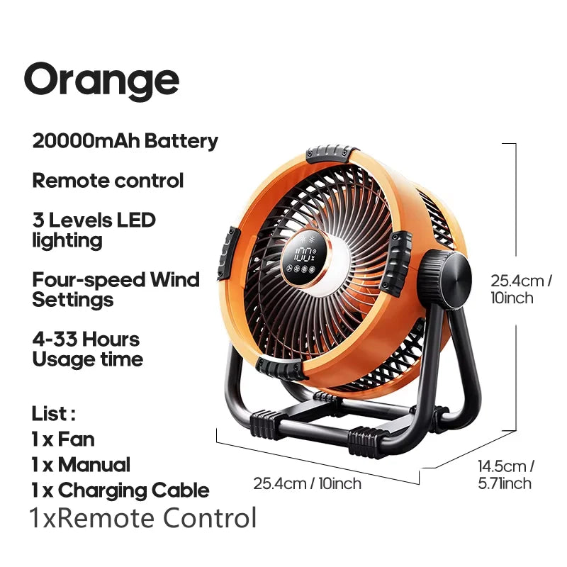 Upgraded 6-in-1 camping fan 20000mAh rechargeable battery portable outdoor fan 4-speed air circulator with hook and LED NEW