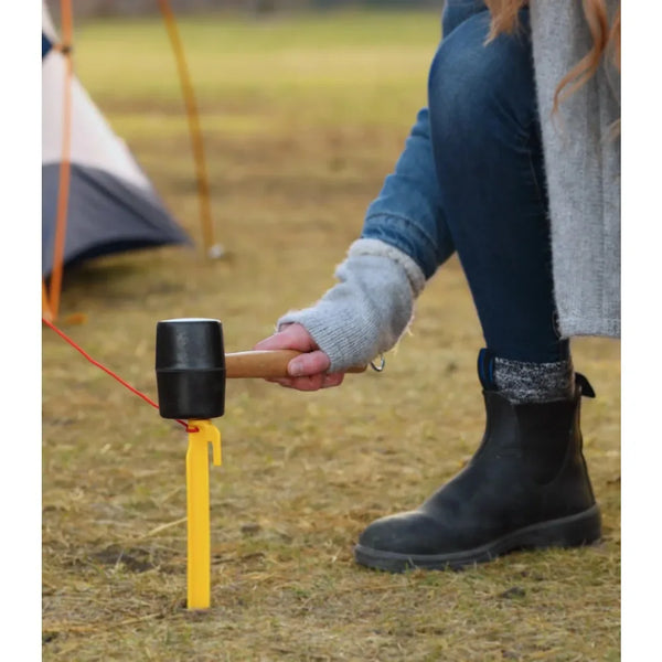 Rubber hammer with wooden handle and hook for camping, tent pegs