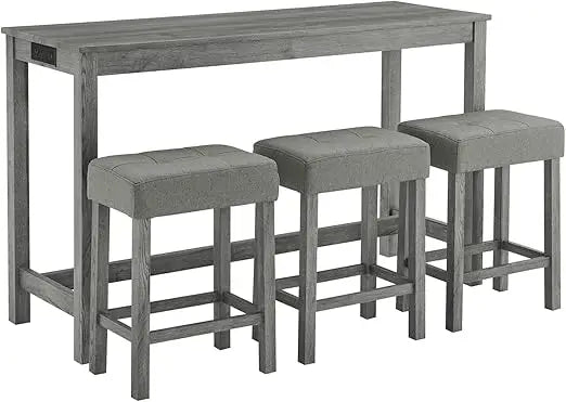 59'' Industrial 4 Piece Bar Table Set with Power Outlet, 3 Padded Stools for Kitchen, Living Room, Dining Room, Brown