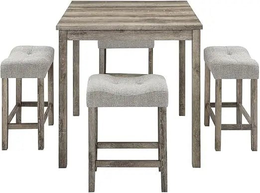 59'' Industrial 4 Piece Bar Table Set with Power Outlet, 3 Padded Stools for Kitchen, Living Room, Dining Room, Brown