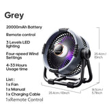 Upgraded 6-in-1 camping fan 20000mAh rechargeable battery portable outdoor fan 4-speed air circulator with hook and LED NEW