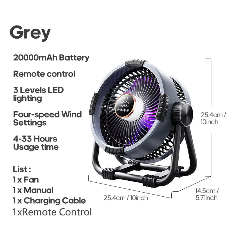 Upgraded 6-in-1 camping fan 20000mAh rechargeable battery portable outdoor fan 4-speed air circulator with hook and LED NEW