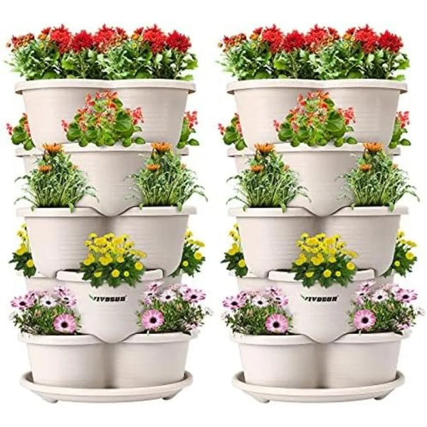 2-Pack 5 Tier Vertical Gardening Stackable Planter for Strawberries, Flowers, Herbs, Vegetables, Ivory