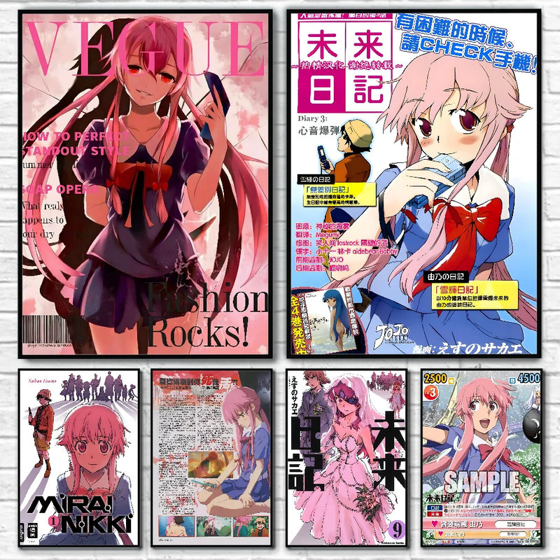 Cute M-Mirai N-Nikki Poster Sticky Wall Art Printing Waterproof Home Living Bed Room Bar Aesthetic Decor